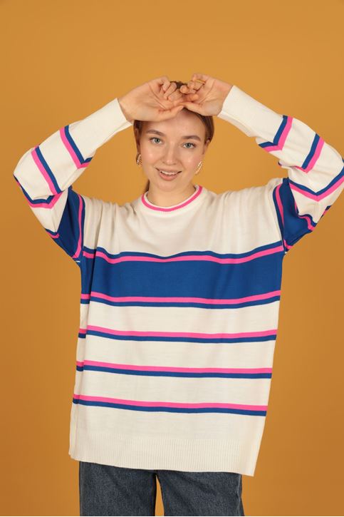 Çizgili Triko Kadın Kazak-Ekru-Saks