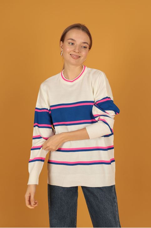 Çizgili Triko Kadın Kazak-Ekru-Saks