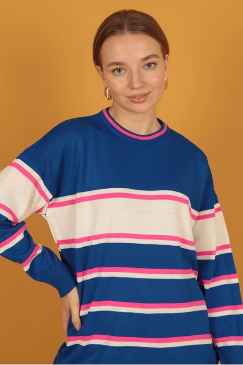 Çizgili Triko Kadın Kazak-SAKS/BEYAZ