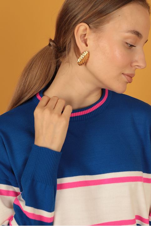 Çizgili Triko Kadın Kazak-SAKS/BEYAZ