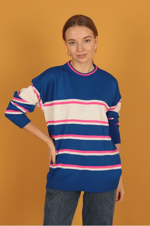 Çizgili Triko Kadın Kazak-SAKS/BEYAZ