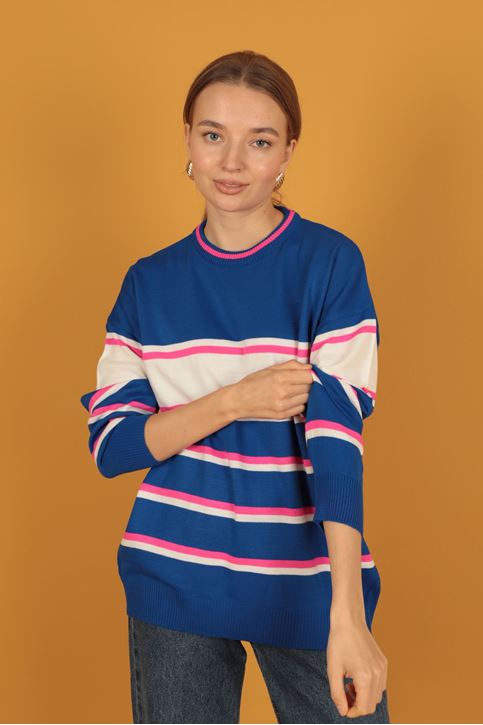 مخطط سترة تريكو المرأة-ازرق شامي /ابيض