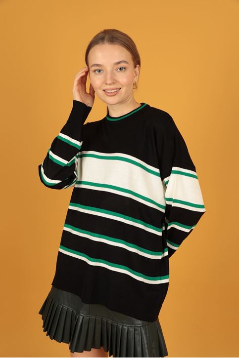 Çizgili Triko Kadın Kazak-SİYAH/EKRU