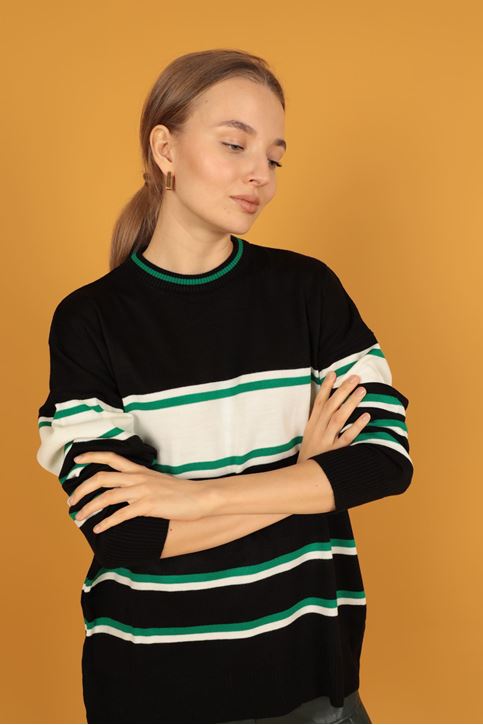 Çizgili Triko Kadın Kazak-SİYAH/EKRU