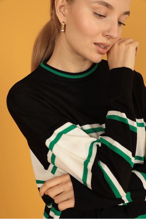 Çizgili Triko Kadın Kazak-SİYAH/EKRU