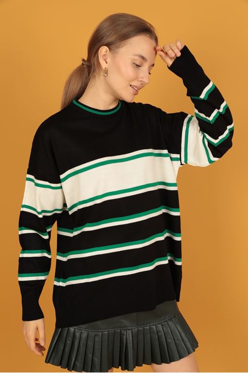 Çizgili Triko Kadın Kazak-SİYAH/EKRU