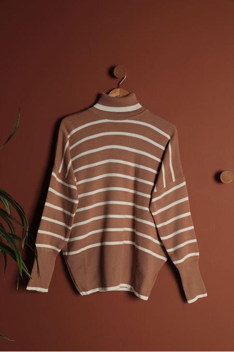 Balıkçı Yaka Çizgili Kadın Kazak-Vizon