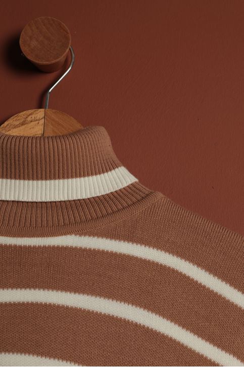 الياقة المدورة سترة مخططة المرأة-بيج غامق