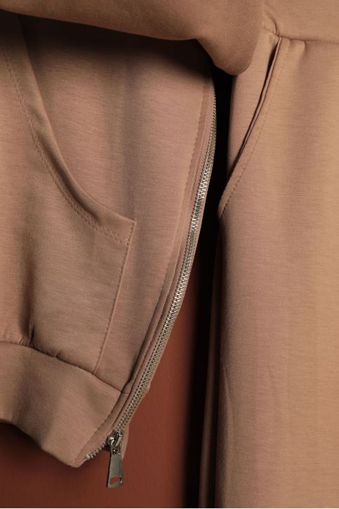 Premium Modal Örme Kapşonlu Fermuar Detay Takım-Vizon