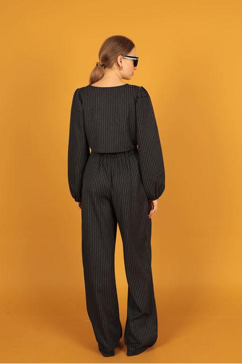 Çizgili Anvelop Bluz Bol Paça Pantolon Takım-Siyah