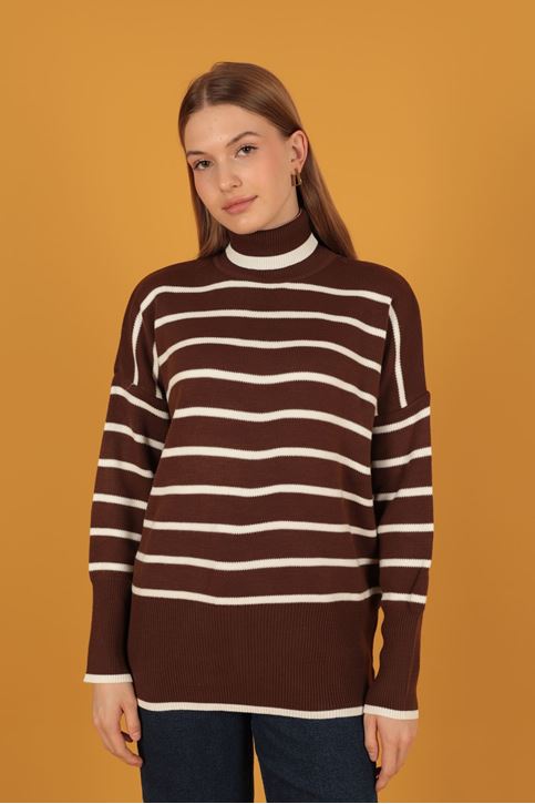 الياقة المدورة سترة مخططة المرأة-قهوة 