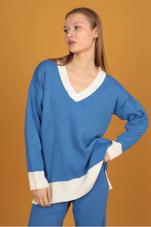 V Yaka Kadın Triko Takım-Saks