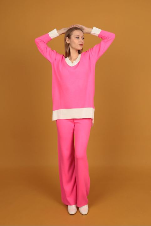 V Yaka Kadın Triko Takım-Fuşya