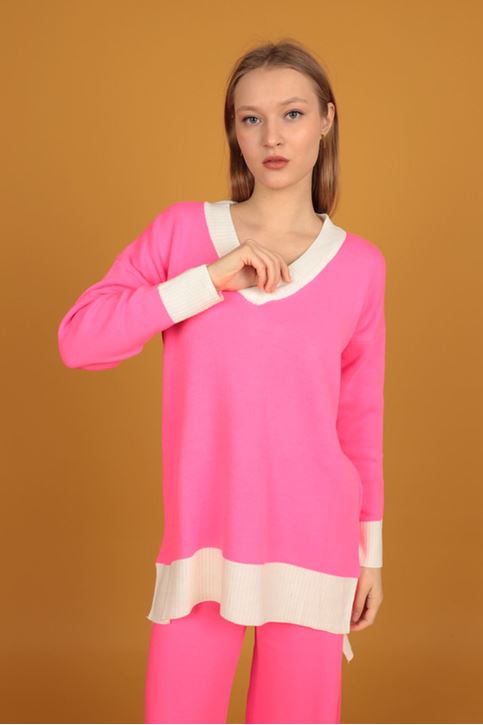 V Yaka Kadın Triko Takım-Fuşya