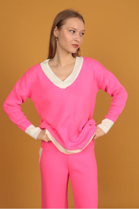 V Yaka Kadın Triko Takım-Fuşya