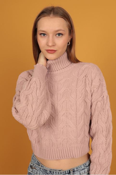 DESENLİ BOĞAZLI KADIN KAZAK-Pudra