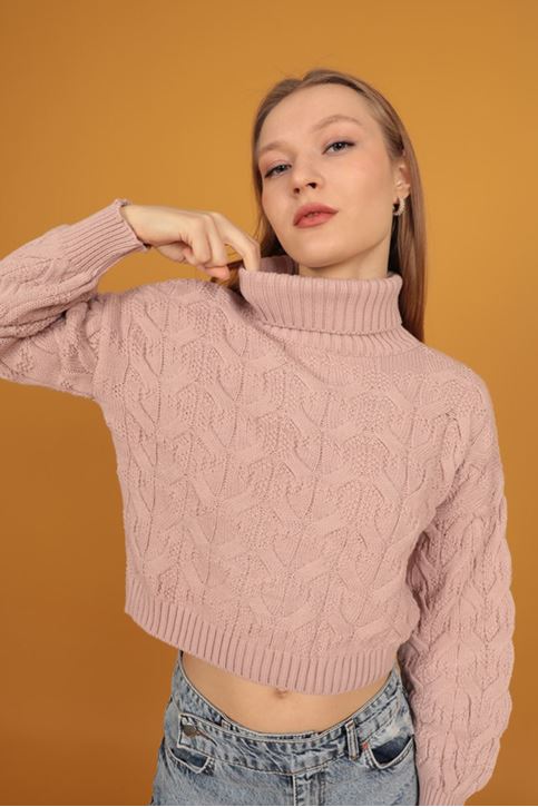 DESENLİ BOĞAZLI KADIN KAZAK-Pudra