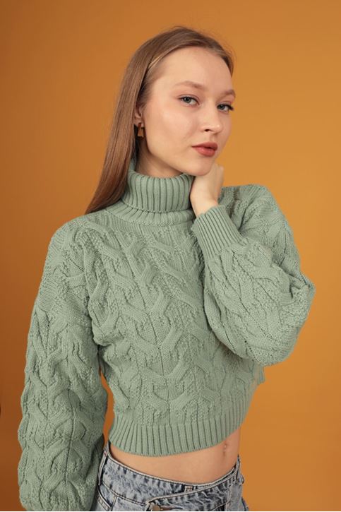 DESENLİ BOĞAZLI KADIN KAZAK-Mint