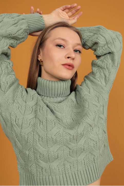 DESENLİ BOĞAZLI KADIN KAZAK-Mint