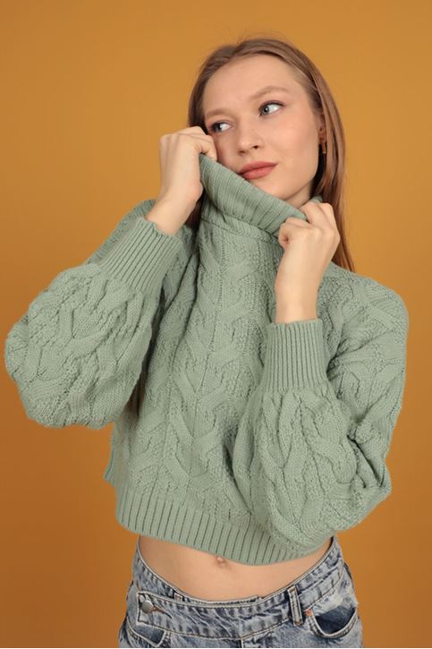 DESENLİ BOĞAZLI KADIN KAZAK-Mint