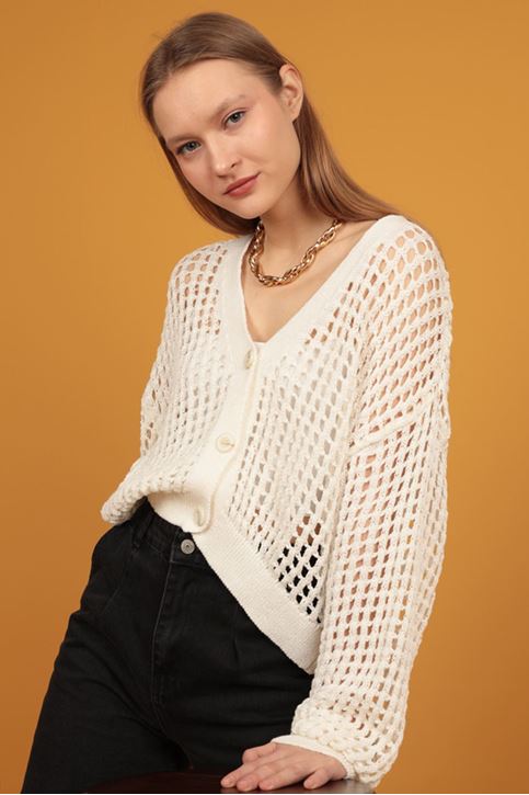 Button Detail Women's Knitwear Cardigan-Ecru