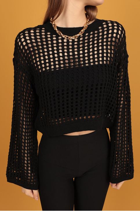 Acur Bisiklet Yaka Triko Crop-Siyah