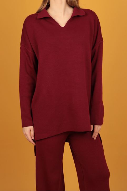 طقم نسائي تريكو  بياقة القميص-عنابي