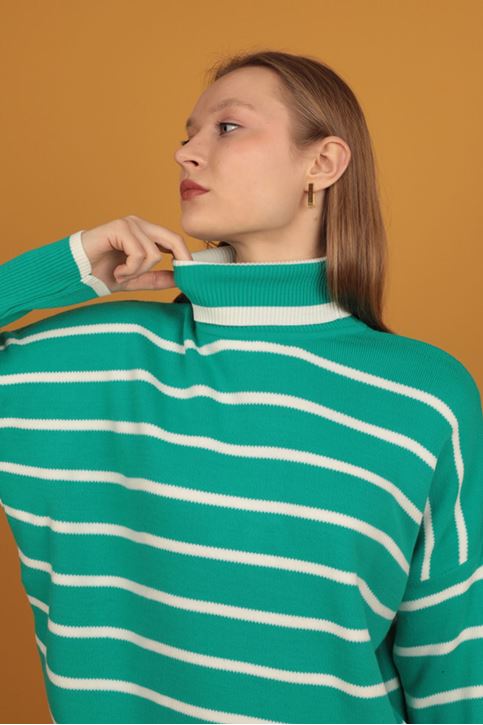 الياقة المدورة سترة مخططة المرأة-فيروزي