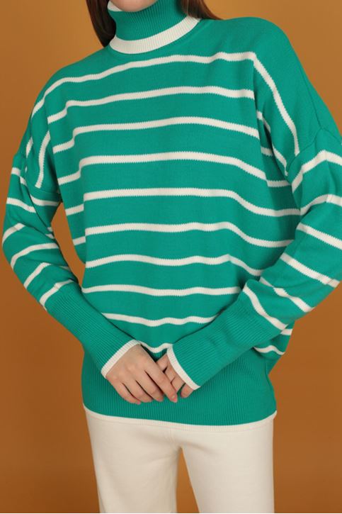 الياقة المدورة سترة مخططة المرأة-فيروزي