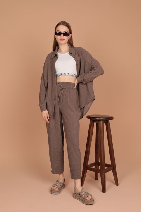 طقم قميص نسائي من نسيج محبوك-بيج غامق