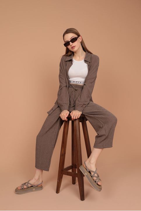 Bürümcük Örme Kumaş Gömlekli Kadın Takım-Vizon