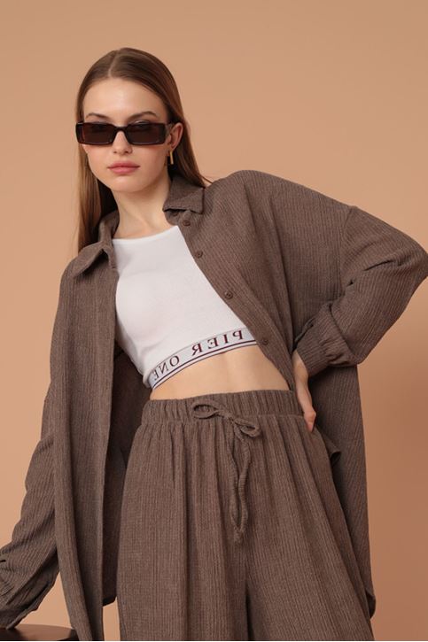طقم قميص نسائي من نسيج محبوك-بيج غامق