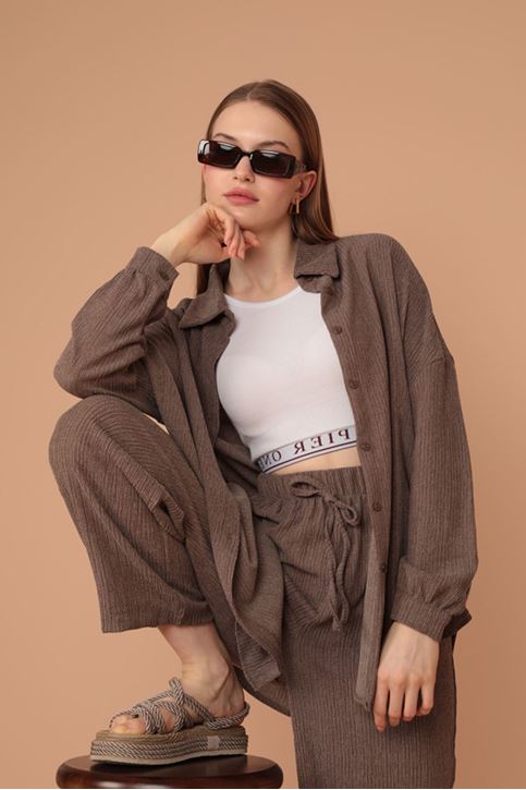 طقم قميص نسائي من نسيج محبوك-بيج غامق