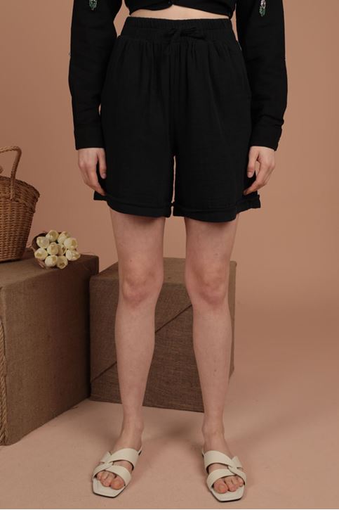Müslin Kumaş Kadın Şort-Siyah