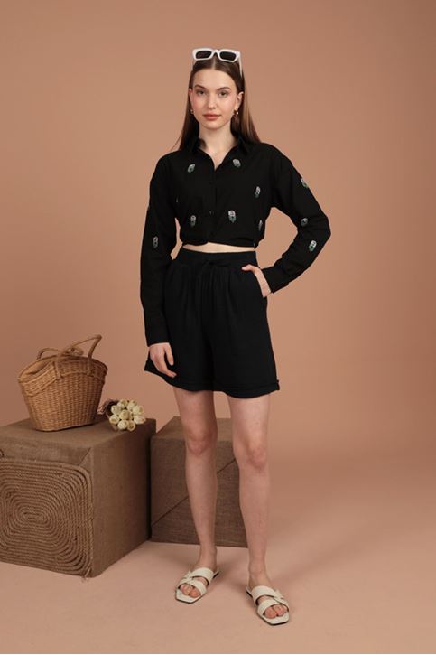 Müslin Kumaş Kadın Şort-Siyah