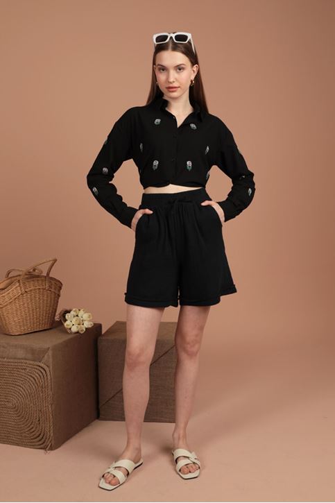 Müslin Kumaş Kadın Şort-Siyah