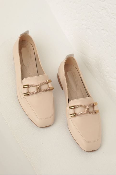 حذاء باليرينا جلدي نسائي مزود بخطاف وشريط-تان 