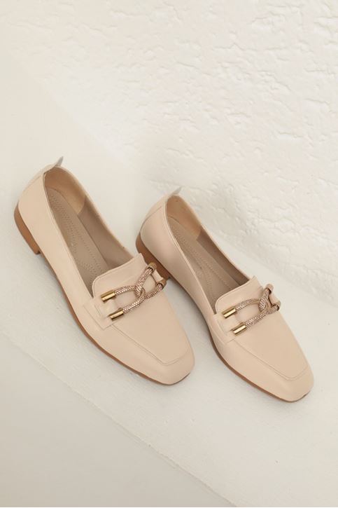 حذاء باليرينا جلدي نسائي مزود بخطاف وشريط-تان 