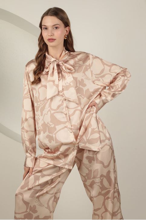 Saten Kumaş Desenli Kadın Takım-Taş