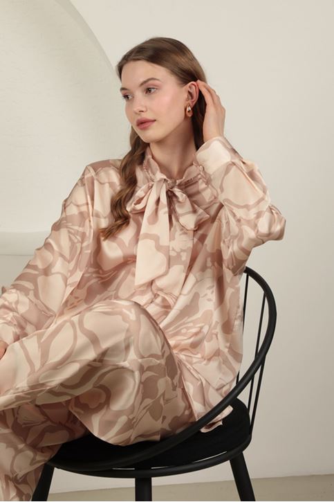 Saten Kumaş Desenli Kadın Takım-Taş