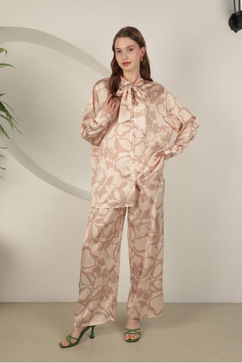 Saten Kumaş Desenli Kadın Takım-Taş