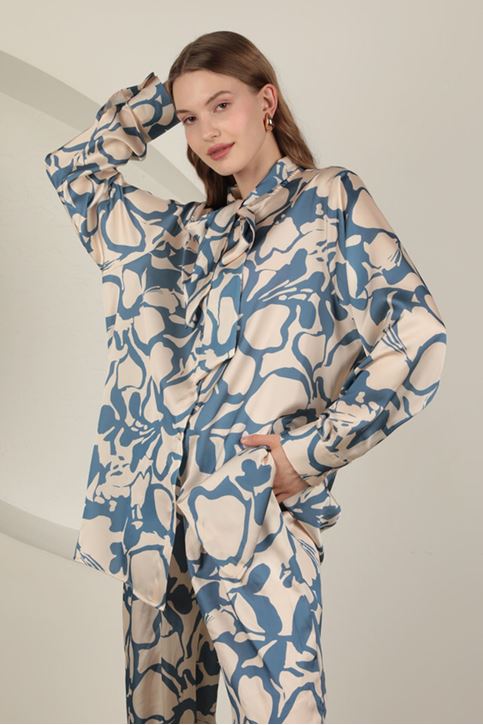 طقم نسائية منقوشة من قماش الساتان-نيلي