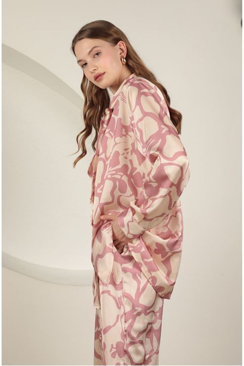 Saten Kumaş Desenli Kadın Takım-Pudra