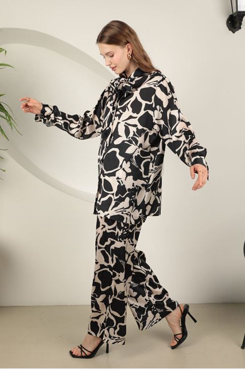 Saten Kumaş Desenli Kadın Takım-Siyah