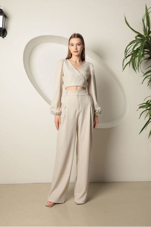 Çizgili Anvelop Bluz Bol Paça Pantolon Takım-Bej