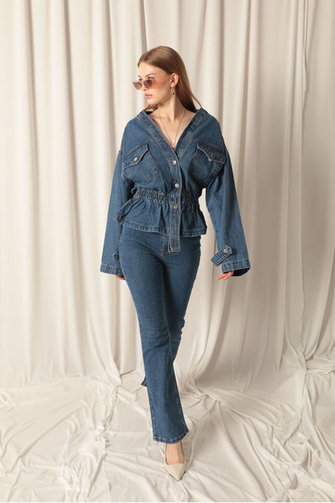 Denim Kumaş Beli Lastikli Kadın Mavi Kot Ceket