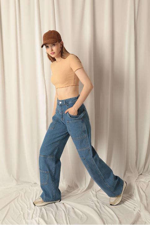 Denim Kumaş Önü Cep Detaylı Kargo Kadın Mavi Pantolon