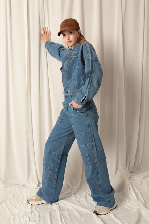 Denim Kumaş Önü Cep Detaylı Kargo Kadın Mavi Pantolon