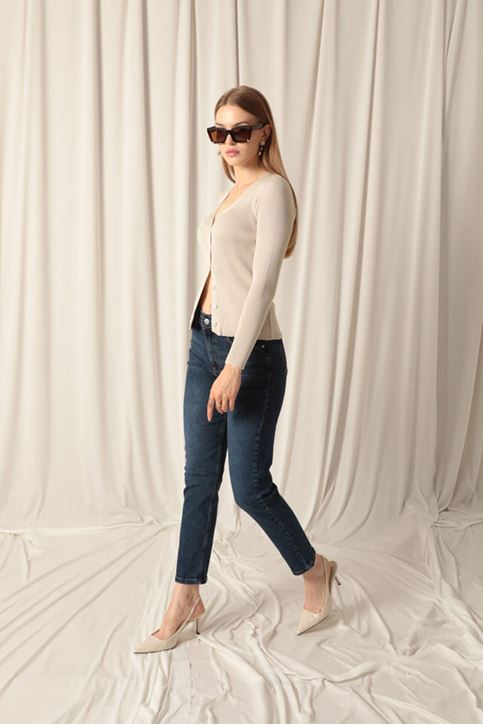 Denim Kumaş Kadın Lacivert Mom Kot Pantolon