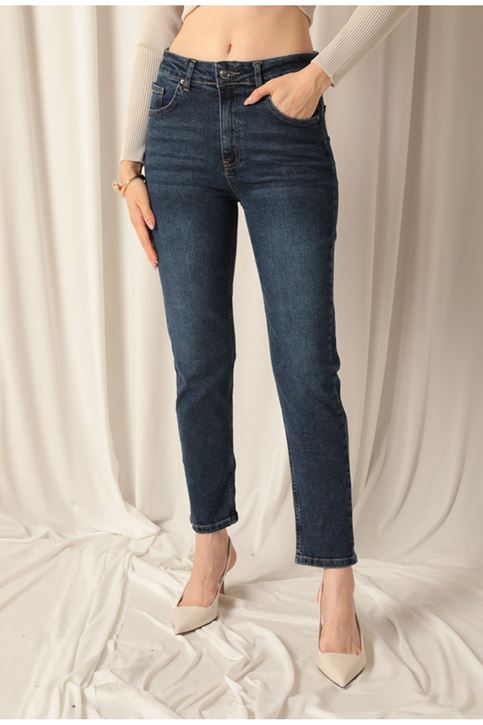 Denim Kumaş Kadın Lacivert Mom Kot Pantolon